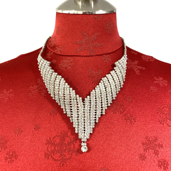 Vintage Silver Choker Necklace Rhinestone Encrusted Clear White Bib Collar Disco - Picture 1 of 10